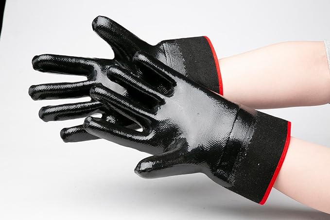 Oil Grasp 374 INKER Gloves, Large Cuff, Nitrile Coated Gloves, Oil-Immersion & Acid-Alkali Resistant, Durable & Abrasion-Resistant,Size 10, Black(Pack of 12)