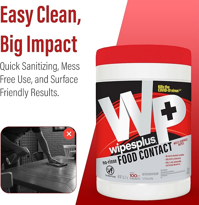 WIPESPLUS No-Rinse Food Contact Wipes Canister Multi-Surface Wipes, Unscented for Home and Business, 1200 Count, (12 Packs of 100)