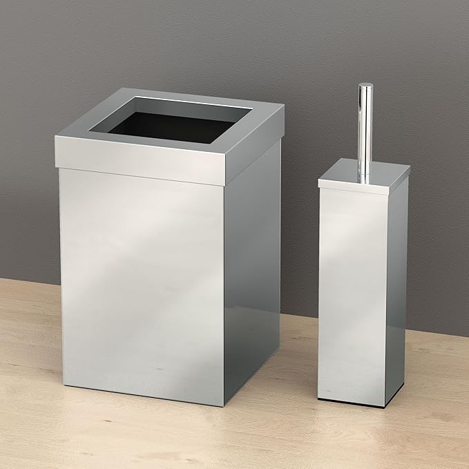 Gatco Modern Square Waste Basket and Toilet Brush Set, Chrome - Stainless Steel Trash Can with Removable Lid, Leakproof, 3 Gallon Capacity for Bathroom, Bedroom, Kitchen, or Office