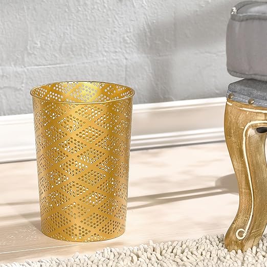 Metal Gold Trash Can, Modern Cylindrical Gold Garbage Can, Metal Waste Basket for Office Bathroom Bedroom & Small Spaces, 7.28" D x 10" H
