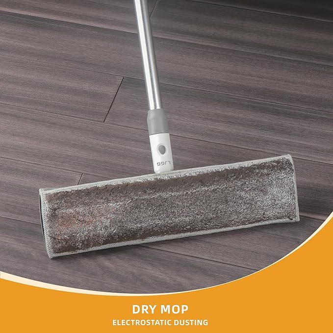 Flat Microfiber Mop for Floor Cleaning, 15.7 in (40 cm) Aluminum Base, 4-Section Aluminum Handle 52 in, Dry & Wet Use, 4 Washable Pads, Debris Scraper – LJGG (Gray/White)