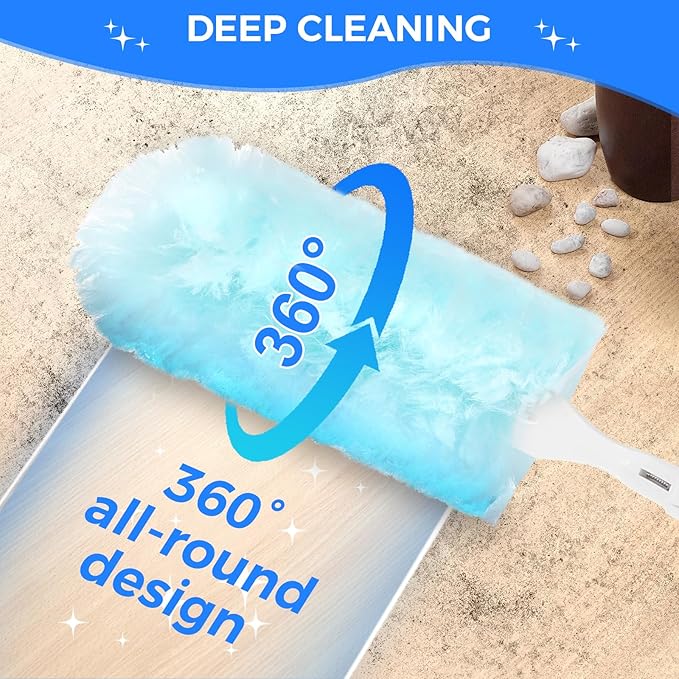 Disposable Duster Refills 8-Pack with Extendable Handle, 360° Electrostatic Dusting Tool, Adjustable Angle for Ceiling/Fan/Furniture Cleaning (Compatible with Multi-Brand Heads)