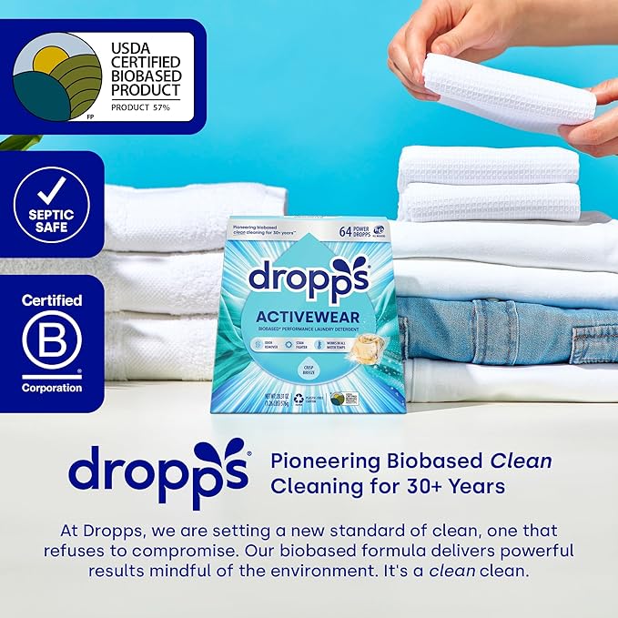 Dropps Activewear Biobased Power Laundry Detergent Pods, Crisp Breeze (120 Count) - Laundry Pods Fights Tough Stains & Odors, Sweat & Dirt - HE Compatible Laundry Supplies for Clean Clothes