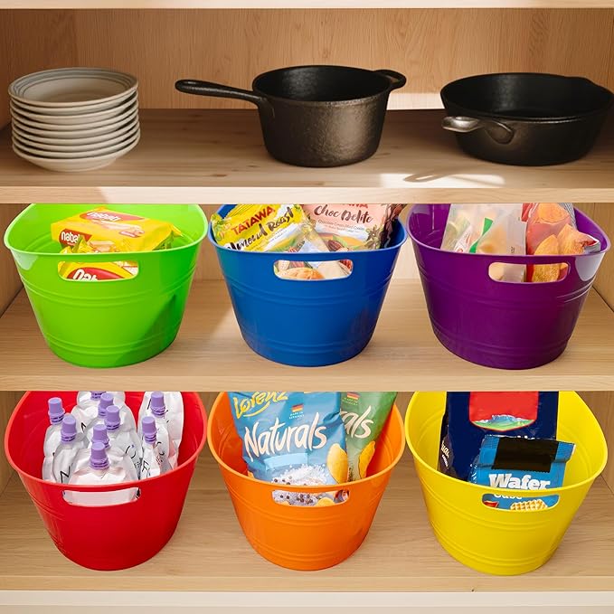 Tiawudi 6 Pack Ice Buckets with Handles, Ice Drink Tub for Party & Bar, Wine Beer Champagne Beverage Bottle Cooler, Plastic Storage Tub, Oval Storage Basket for Home, 4.5 Liter Each, Multi-Color