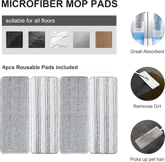 Mop and Bucket with Wringer Set, Flat Floor Mop and Bucket, with 2 Mops and 4 Microfiber Cleaning Cloths for Floor Cleaning, Wet and Dry Use for Household Cleaning