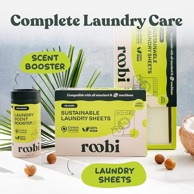 Roobi Laundry Detergent Sheets. Up to 128 Loads, Liquidless Detergent. Carbon Neutral, 100% Vegan & Sustainable Linen Breeze Scent.