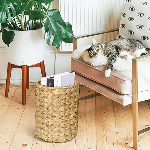 Boho Wicker Trash Can with Lid,Bathroom Trash Can with Trash Bags Hand Woven Water Hyacinth Trash Basket for Kitchen Bedroom Office