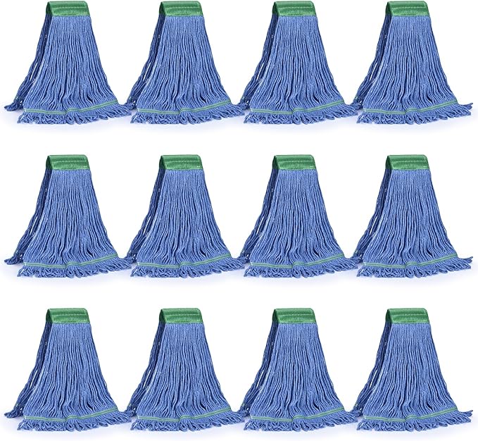 Matthew Cleaning Commercial Mop Head Replacement, 5 Inch Wide Headband, Looped End Cotton Blend String Wet Mops for Floor Cleaning, 28 oz Extra Large, Case Pack 12 Pcs Blue