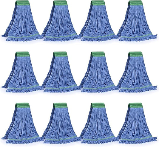 Matthew Cleaning Commercial Mop Head Replacement, 5 Inch Wide Headband, Looped End Cotton Blend String Wet Mops for Floor Cleaning, 28 oz Extra Large, Case Pack 12 Pcs Blue