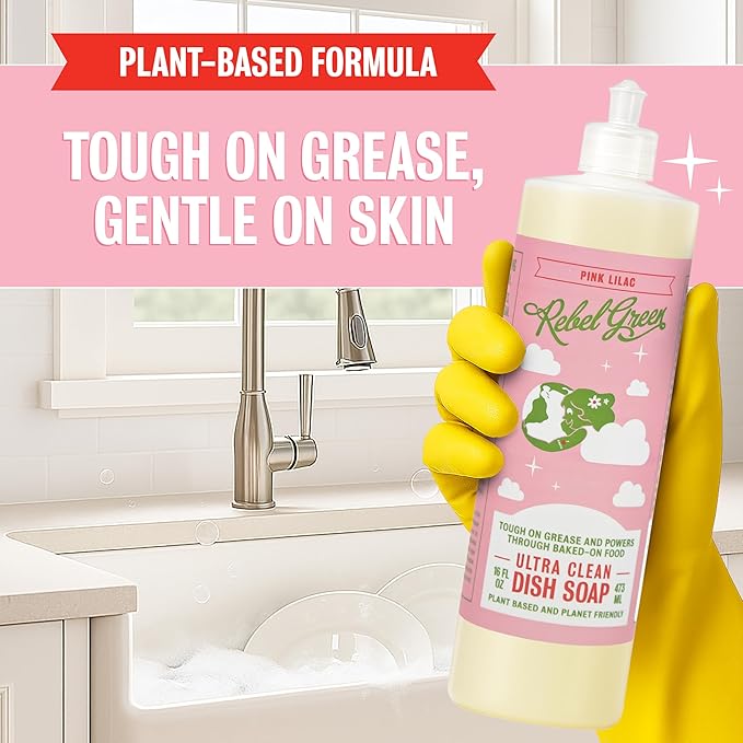 Rebel Green Super Deluxe Dish Soap - Natural Dishwashing Soap - Liquid Dish Detergent - Sustainable Dish Liquid Scented with Pink Lilac - (16 oz Bottles, 2 Pack)