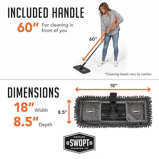 SWOPT 18” Microfiber Dust Mop + 60" Steel Handle, Combo — Dust Mop Head with Long Handle Interchangeable with All SWOPT Cleaning Products — Clean Hard-to-Reach Areas, Machine Washable