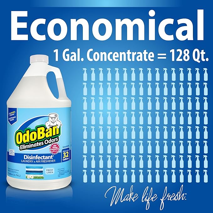 OdoBan Ready-to-Use Disinfectant and Harsh Aroma Eliminator, Set of 2, 14.6 Ounce 360-Degree Continuous Spray Fabric/Air Freshener and 1 Gallon Multi-Purpose Cleaning Concentrate, Fresh Linen Scent