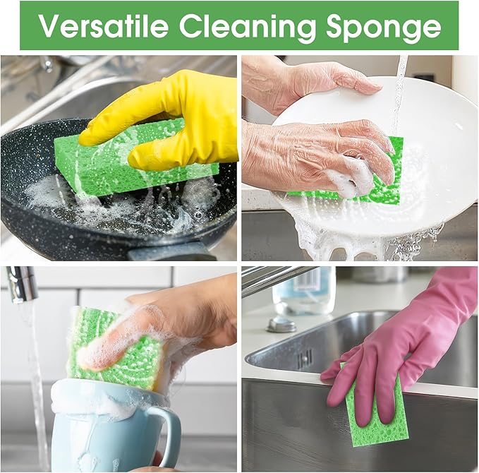 12 PCS Dish Sponges Kitchen, Non Scratch Cleaning Sponge for Non Stick Cookware, Natural Compressed Cellulose Wash Scrub for Household Bathroom, Soft Washing Scrubbers (Green)