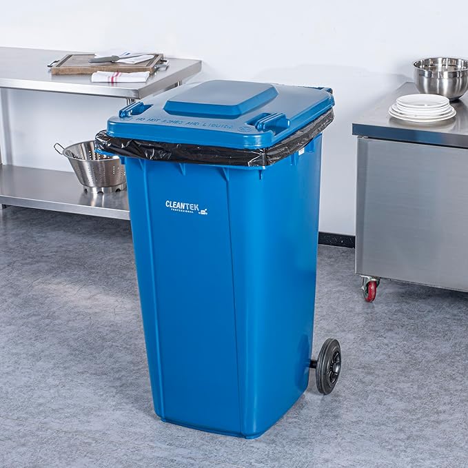 Restaurantware-Clean Tek Professional 64 Gallon Trash Can With Wheels, 1 Garbage Can With Lid - Step-On Attachment Sold Separately, Rectangle, Blue Plastic Dustbin, Long-Lasting, For Outdoor