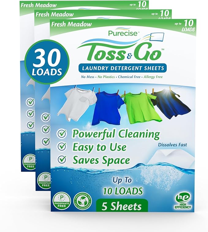 Purecise -Toss & Go - Fresh Meadow Laundry Detergent Sheets - Powerful Clean, No Mess, Fast-Dissolving, No Residue - 30 Loads - 5ct Pack of 3