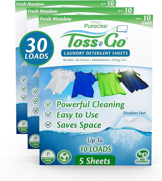 Purecise -Toss & Go - Fresh Meadow Laundry Detergent Sheets - Powerful Clean, No Mess, Fast-Dissolving, No Residue - 30 Loads - 5ct Pack of 3