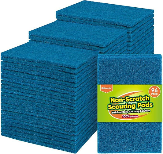 Non-Scratch Scouring Pads, 96Pcs Household Scour Pads for Kitchen, Garage and Outdoors, Reusable Dish Scrubber Pads for Pan and Metal Grill - Blue