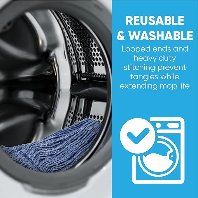 20oz Heavy Duty Cleaning Mop Head Replacement - 4 Pack - Commercial Replacement, Wet Industrial Blue Cotton Looped End String Head Refill