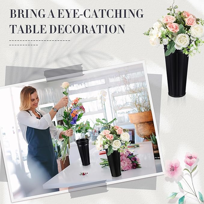 Lallisa 24 Pcs Metal Vases 9 Inch Galvanized French Farmhouse Flower Buckets with Handles and Hemp Rope, Vintage Style Flower Containers for Country Wedding Party Table Centerpiece Decor(Black)