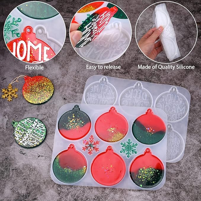 Sakolla Christmas Resin Molds 2 Pack Christmas Silicone Molds Ornaments Resin Molds Round Shape Lettered Pendant for Epoxy Resin Casting DIY Jewelry Keychain Snowflakes Crafts
