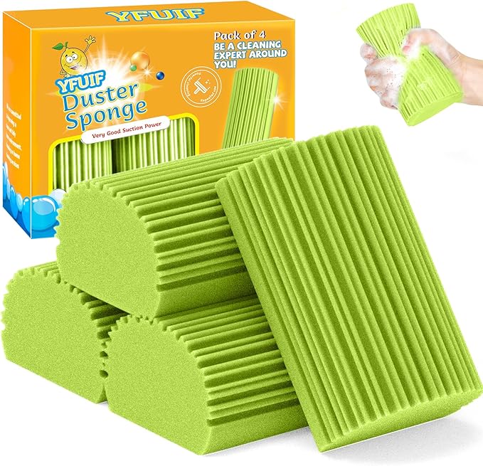4 Pack Damp Clean Duster Sponge, Magic Sponge Eraser for Household Cleaning, Reusable Dusters Cleaning Supplies for Housekeeping, Dish, Blinds, Glass, Baseboards,Window Track Grooves and Faucets