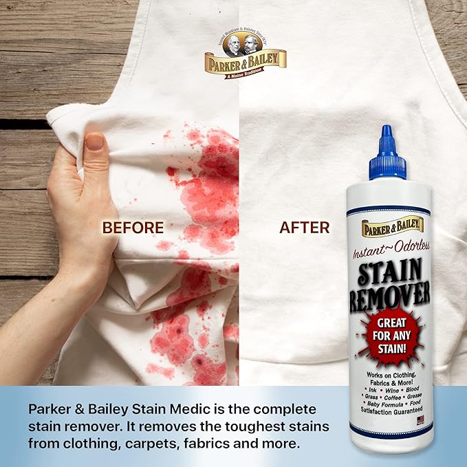 Parker & Bailey Liquid Stain Remover - Instant Stain Removal on Laundry Clothing Fabric Ink Grease Blood Grass Coffee Wine Food Carpet Upholstery Spot Cleaner Odor Free Detergent Booster, 8oz