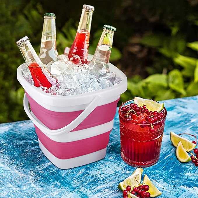 2 Pack Collapsible Buckets 5L 1.3Gallon Small Cleaning Bucket for Household Portable Plastic Bucket Outdoor Car Washing Tub Foldable Camping Beach Sand Water Pot Pail Space Saving Square Grey and Pink