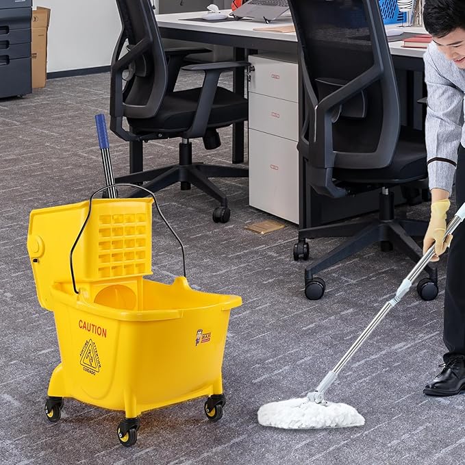 Mop Bucket with Side Press Wringer, 25 Quart Bucket on Wheels for Mopping Floors, Yellow