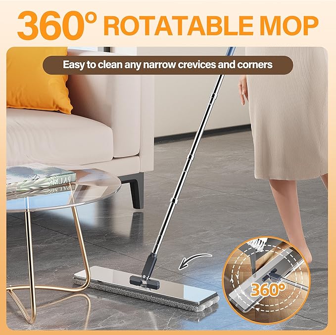 Premium Stainless Steel Microfiber Flat Mop for Floor Cleaning - 360° Pivot Head, Lightweight, Washable Pads - Includes 4 Reusable Absorbent Mop Pads (Silver)
