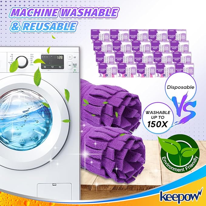 KEEPOW Reusable Mop Pads for Swiffer Power Mop, Pads Refills for Swiffer Power Mop Multi-Surface Mop Kit and Wood Mop Deep Cleaning and Mopping (4 Pack)