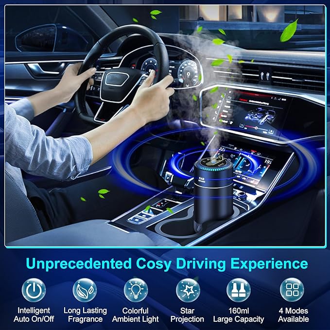 Smart Car Air Freshener Diffuser with 160ml Essential Oils, Smart Auto On/Off Star Projector Car Diffuser for Men/Women, USB-Powered Long Lasting Cars Fresheners|Verdant Essence+Silent Grove