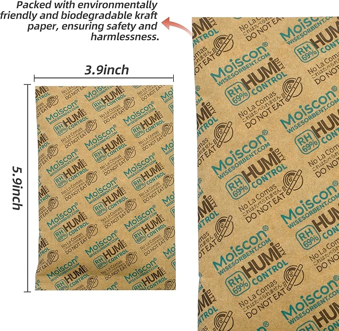 60 Gram 5 Pack 69% Two-Way Humidity Control Packs, Size 60 for Plastic Travel Case & Zip Lock Bags & Wood Containers, 69 Humidity Pack Humidifier Moisture Control Packets Individually Wrapped