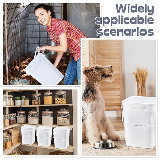 Vesici 6 Pcs 5 Gallon Food Grade Square Buckets with Lids 5 Gal Plastic Food Storage Square Bucket Heavy Duty Industrial Pail Container with DIY Label Stickers Handles for Water Painting(White)