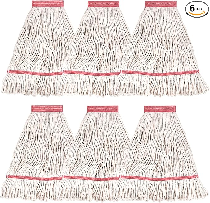 MATTHEW CLEANING Heavy Duty Mop Head Commercial Replacement for General and Floor Cleaning, Wet Industrial Blue Cotton Looped End String Head Refill (Pack of 6) White