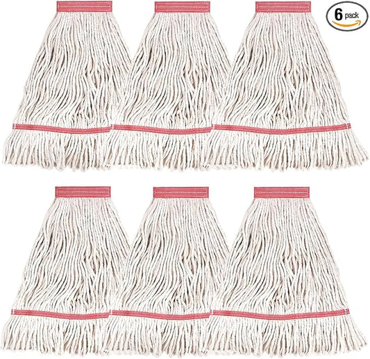 MATTHEW CLEANING Heavy Duty Mop Head Commercial Replacement for General and Floor Cleaning, Wet Industrial Blue Cotton Looped End String Head Refill (Pack of 6) White