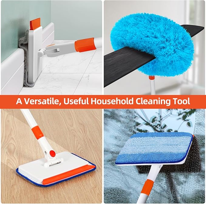 Baseboard Cleaner Tool with Handle, Extendable Long Handle Baseboard Cleaning Duster with Reusable Pads for Floorboard, Ceiling Fan Blade Cleaner Duster (Blue)