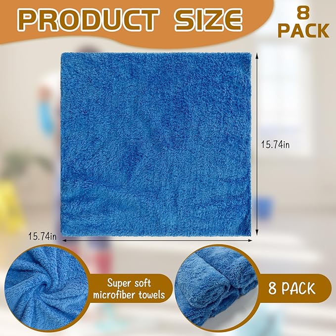 8 Pcs Large Microfiber Cleaning Cloth, 15.75"x15.75" Washable Reusable Microfiber Towel for House Floor Kitchen Car Window Highly Absorbent, Lint and Streak Free