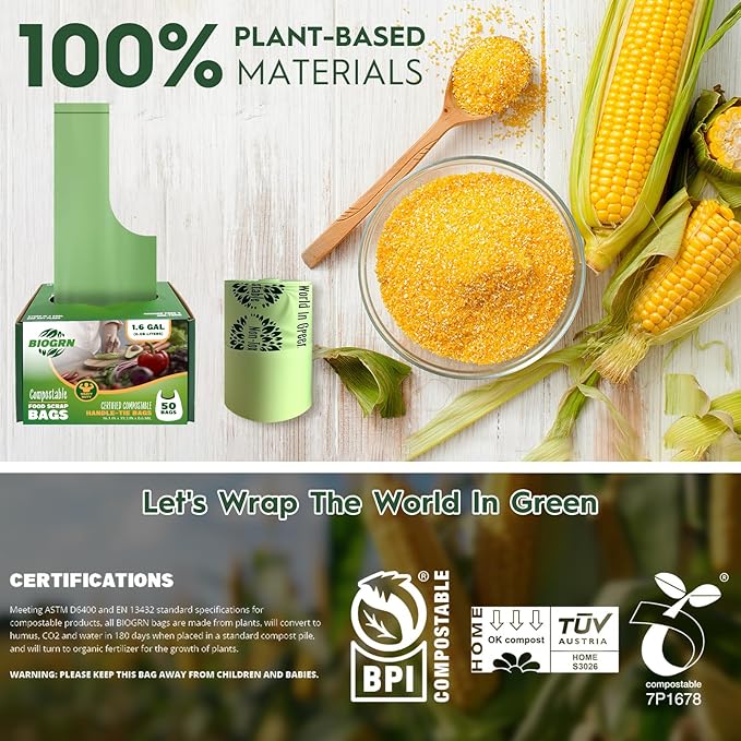 Compostable Trash Bags 1.2-1.6 Gallon Handle Tie 50 Count 0.6 Mil 6.06 Liter Small Compost Bags for Countertop Bin Biodegradable Bags Green for Kitchen ASTM D6400 & BPI Certified, OK Compost Home