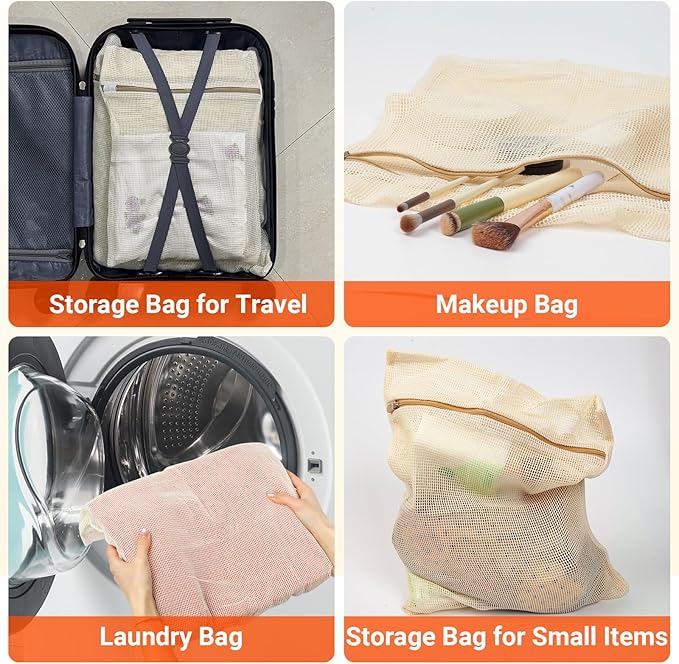 3Pcs Mesh Laundry Bags for Delicates, Durable Organic Cotton Mesh Wash Bags, Sturdy Zipper Laundry Bag for Lingerie, Clothes, Shoes, Socks, Medium