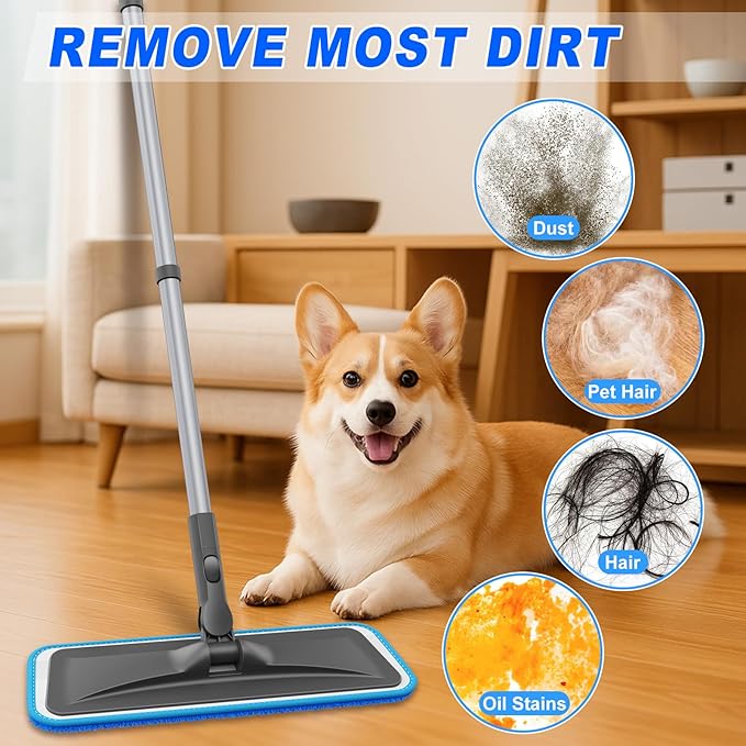 Microfiber Mops for Hardwood Floor Cleaning - BPAWA Flat Floor Mop with 4 Washable Pads for Laminate Wood Tile Vinyl Home Kitchen Bathroom - 59" Adjustable Handle