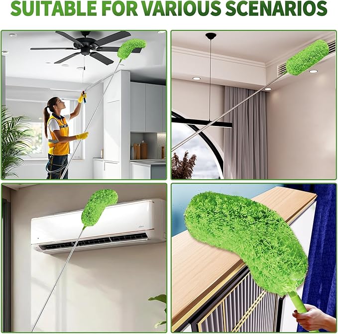 Cobweb Duster with Extension Pole, Washable Cleaning Duster Set with 2 Duster Heads, Corner Brush, 15-110-Inch Telescoping Pole for high Ceiling Fans, Long Duster for high Ceilings，Reach Duster
