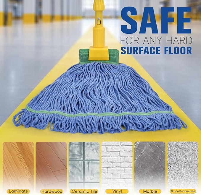 Matthew Cleaning Commercial Mop Head Replacement, 5 Inch Wide Headband, Looped End Cotton Blend String Wet Mops for Floor Cleaning, 18 oz Medium, 3-Pack Blue