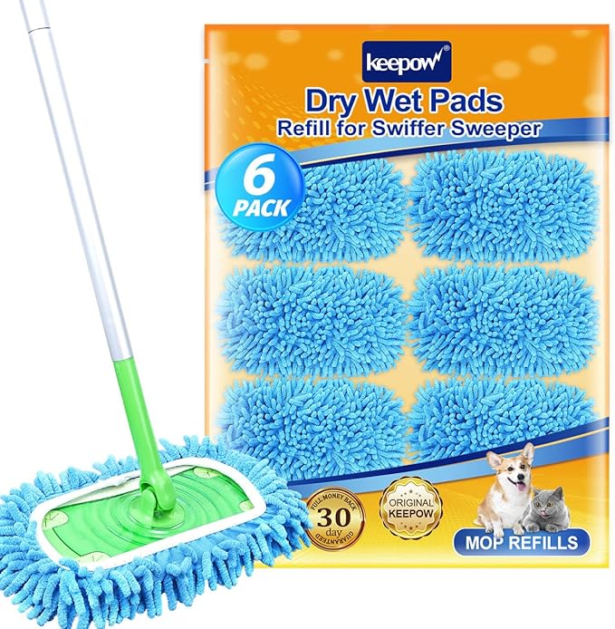 KEEPOW Reusable Microfiber Mop Pads Compatible with Swiffer Sweeper & Mop Deluxe 2-in-1, Wet & Dry Mopping Cloths for All Floors, Compatible with Swiffer Dry Sweeping Cloths for Cleaning (6 Pack)