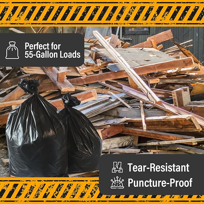 Extra Heavy Duty Black Contractor Garbage Bags 55 Gallon, 50 Trash Bags, Construction Grade, 3 mil, Made in USA
