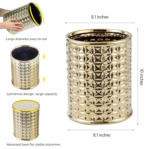 Gold Ceramic Trash Can - Round Waste Bin for Bathroom Vanity & Kitchen Desk, Durable Small Garbage Can with Lid, Modern Home Office Decor, Space-Saving Design