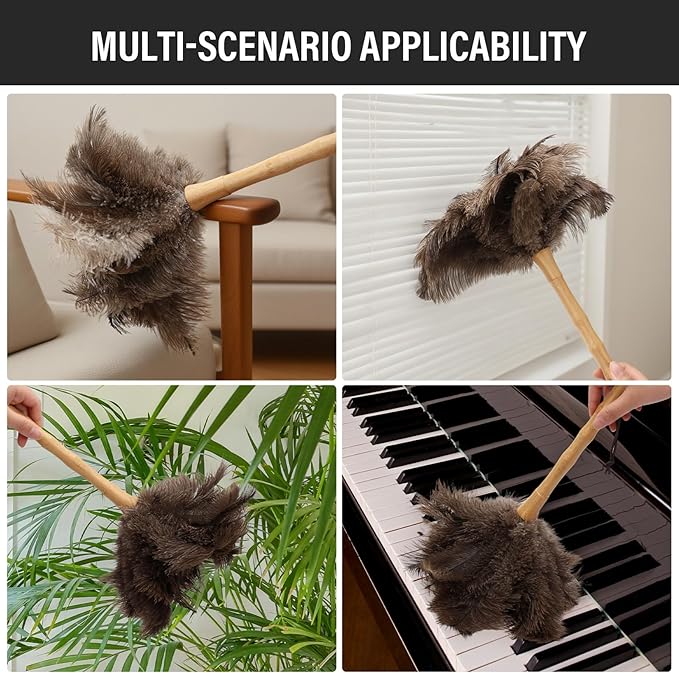 Ostrich Feather Duster 16 Inch, Feather Duster for Cleaning Ceilings Furniture Fans with Wooden Handle for Home, Car, and Office Cleaning (16in)