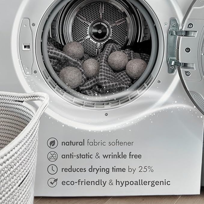 Premium Wool Dryer Balls, Set of 6 XL 100% New Zealand Wool, Natural Fabric Softener, Reusable, Anti Static, Reduces Drying Time, Wrinkles, Pet Hair, Lint