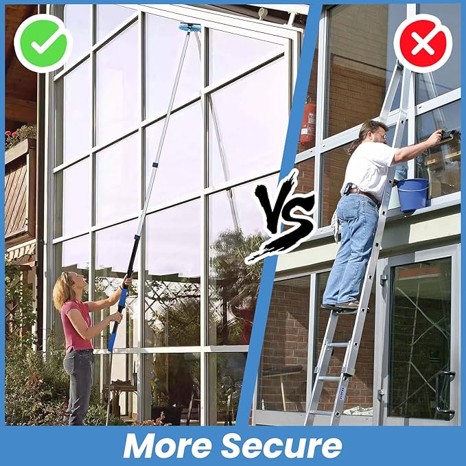 20ft High Ceiling Duster Kits with 5-12ft Heavy Duty Extension Pole - Fan Blade Cleaner, Cobweb Remover & Blue Window Squeegee Kit, Washable Dust Brush for High Roof and Glass Surfaces