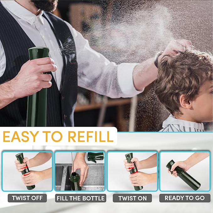 Hula Home Continuous Spray Bottle for Hair (10.1oz/300ml) Empty Ultra Fine Plastic Water Mist Sprayer – For Hairstyling, Cleaning, Salons, Plants, Essential Oil Scents & More - Green