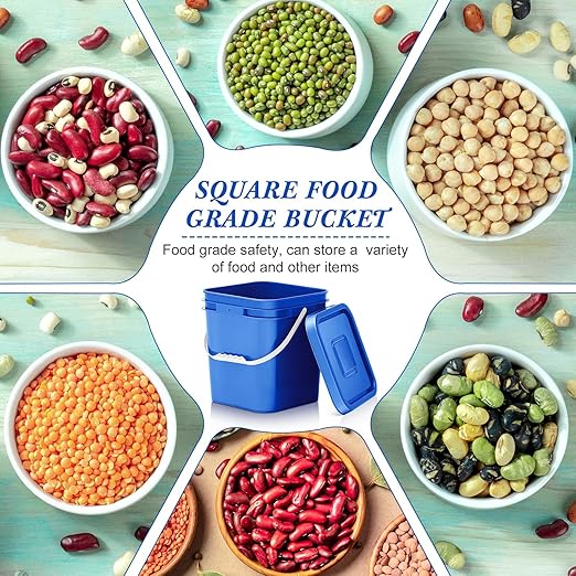 Mumufy 5 Pcs 3.5 Gallon Square Food Grade Bucket with Lid Square Bucket Pail with Plastic Handles for Storing Dry Food, Charcoal, Camping, Fishing (Blue)